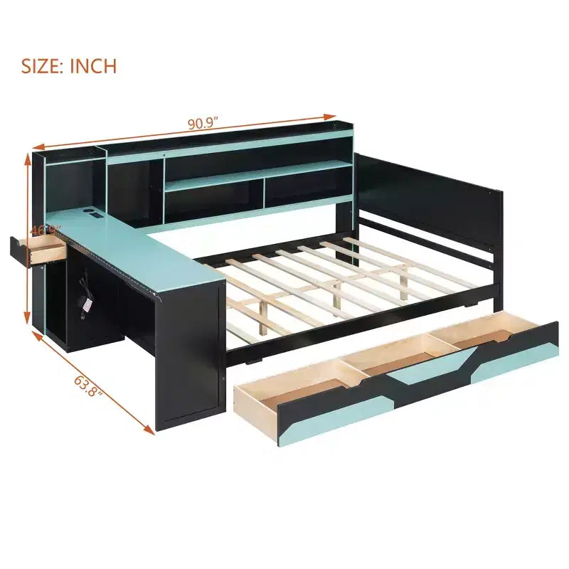 Gaming-Tagesbett (Queen-Size/Full-Size) mit Kopfteilregal, LED-Beleuchtung, integriertem Schreibtisch, Schubladen und Ladestation