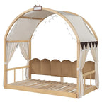 Massivholz-Spielhaus-Plattformbett, Montessori-Bettrahmen mit gewölbtem Dach und Ausziehbett für Mädchen und Jungen