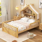 ModernLuxe Hausbett aus Holz für Zwillinge/Standardgröße mit Stauraum-Kopfteil, Kinderbettgestell aus massivem Kiefernholz mit Rausfallschutz