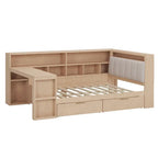 L-förmiges Holzsofa-Tagesbett mit Schreibtisch, Bücherregal, Eckbett mit Schubladen unter dem Bett, gepolstertem Kopfteil und integrierter Beleuchtung