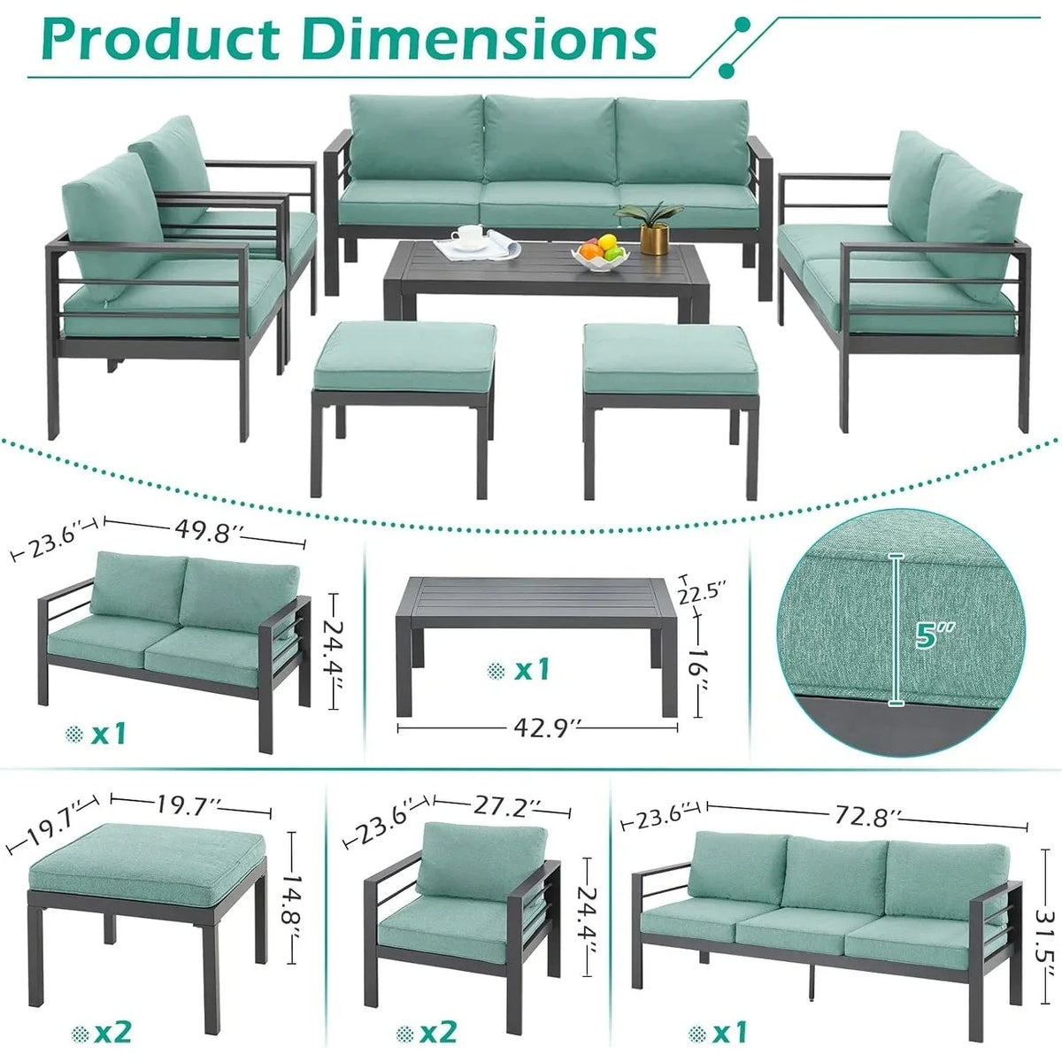 AECOJOY 7-teiliges Aluminium-Terrassenmöbel-Set Outdoor-Gesprächsgarnitur