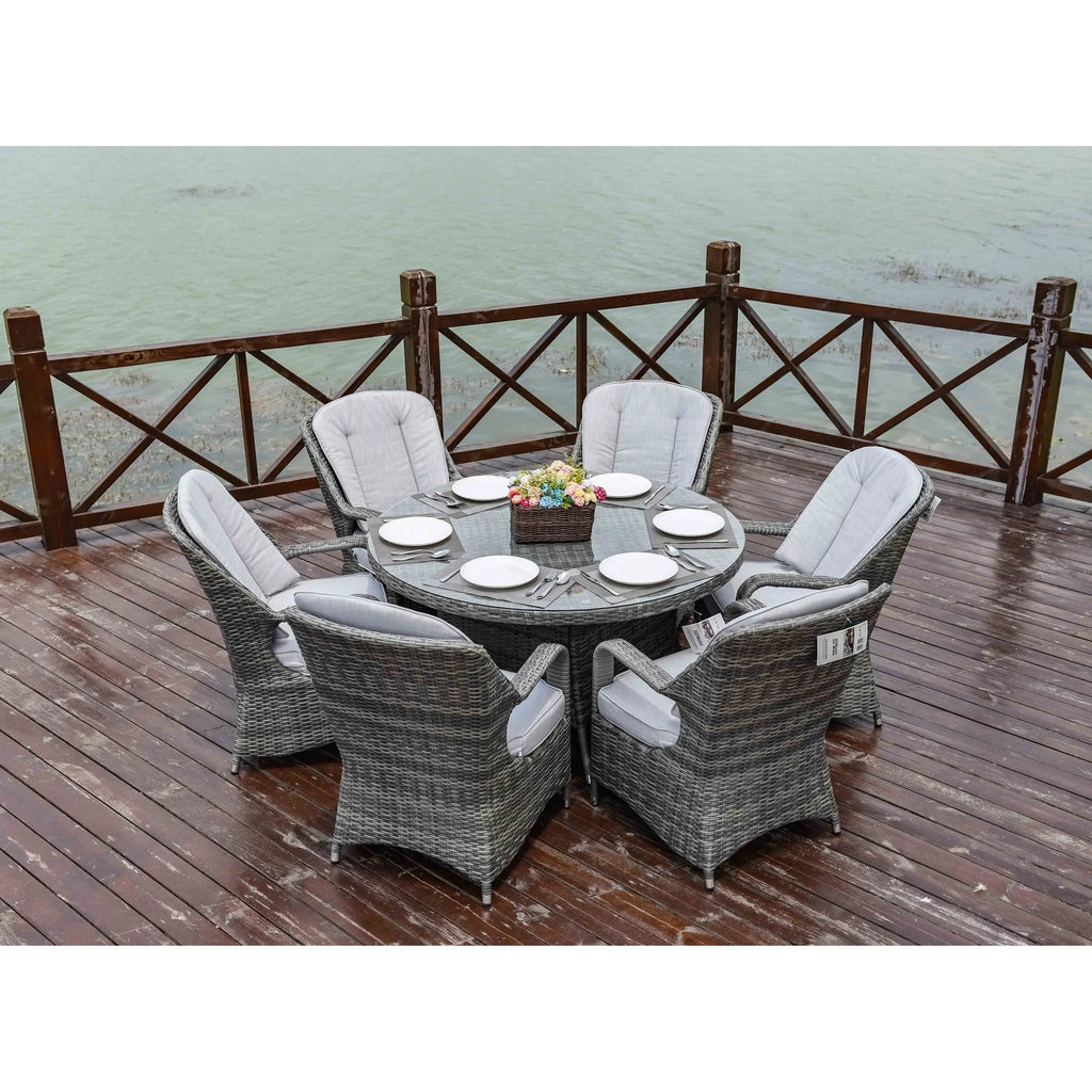 7-teiliges Garten-Essgruppe aus Rattan mit runden Kissen von Moda Furnishings