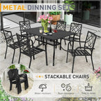 SUNCROWN Garten-Essgruppe 5/7-teilig, Stahl, Tisch mit Metalllatten und stapelbaren Stühlen, pulverbeschichteter Rahmen