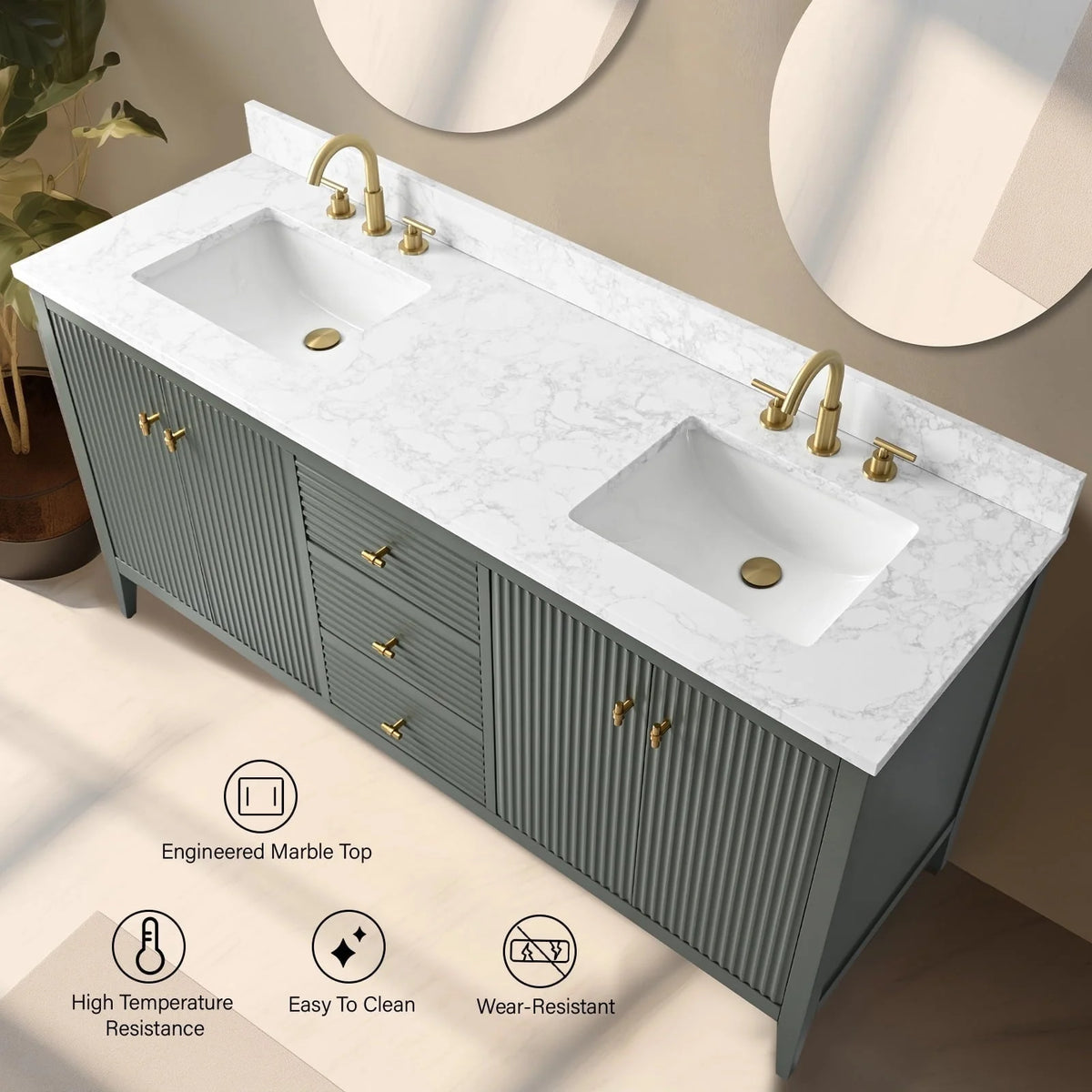 Vanity Art 72 Zoll Badezimmer-Waschtischunterschrank mit Doppelwaschbecken und Kunstmarmorplatte