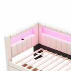 Gepolstertes Plattformbett mit USB-Anschlüssen & LED-Beleuchtung – Einzel-/Doppelbettgestell mit 2 Schubladen – Modernes Schlafzimmer