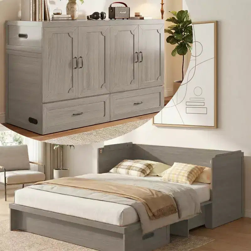 Mjkone Queen Size Wandelbares Murphy-Schrankbett mit USB-Ladefunktion, Schubladen, keine Matratze enthalten