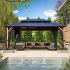 EROMMY Hardtop-Pavillon, Outdoor-Pergola mit Doppeldach & Netzen & Vorhängen, Hochleistungs-Canopy für Terrasse, Garten, Poolparty