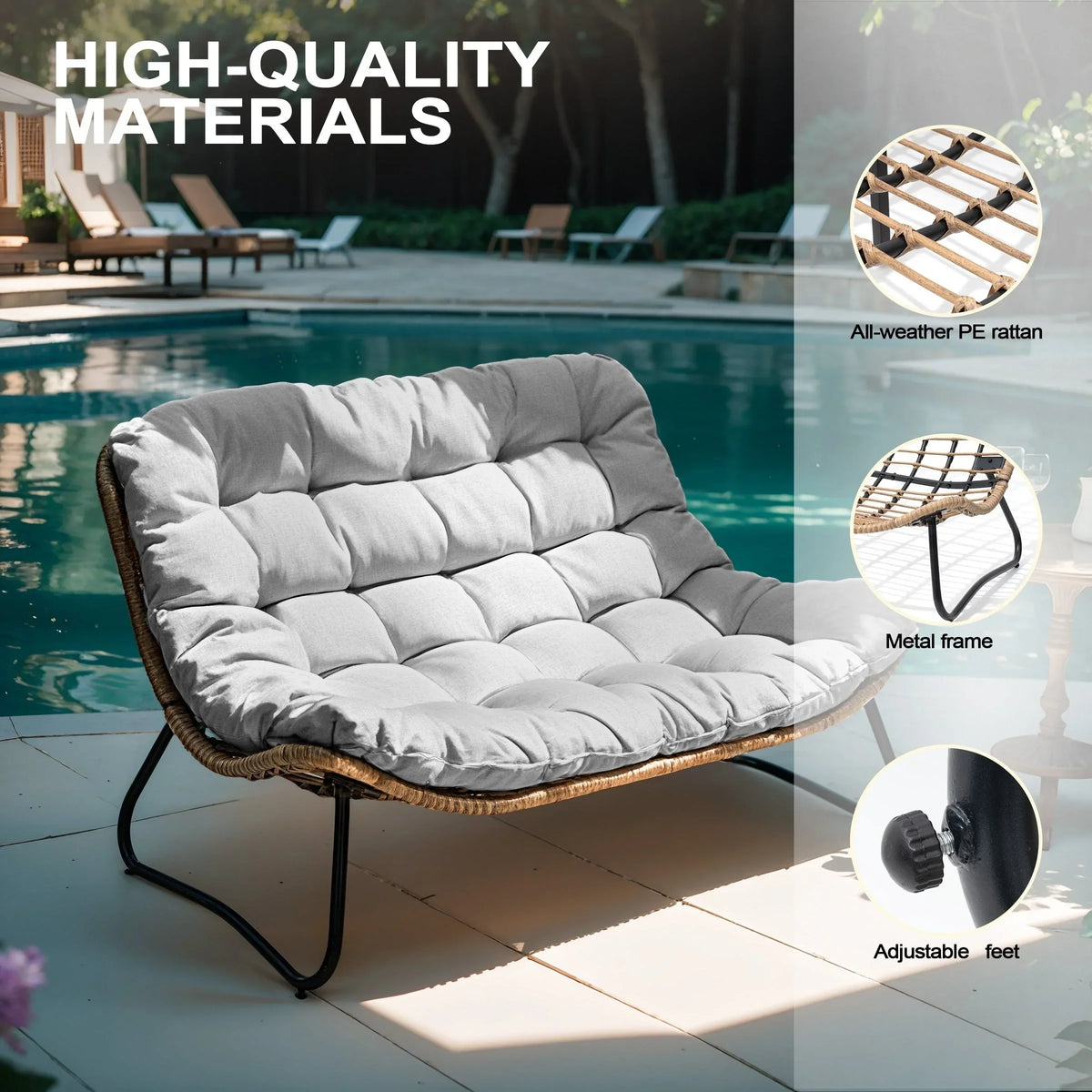 Doppelsessel Papasan mit Kissen, wetterfestes PE-Rattan und Metallrahmen für Innen- und Außenbereich