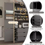 Hoher Küchenschrank mit Steckdosen, großer freistehender Schrank mit Mikrowellenständer, Schubladen, Regalen, Weinregalen und Türregal