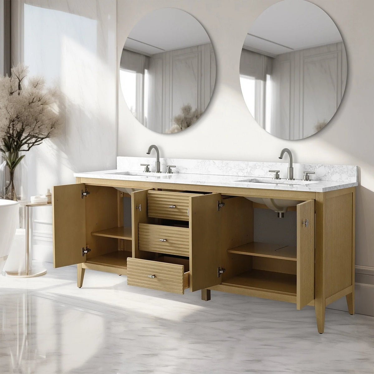 Vanity Art 72 Zoll Badezimmer-Waschtischunterschrank mit Doppelwaschbecken und Kunstmarmorplatte