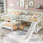 L-förmiges Etagenbett für 4 Kinder, Vierfach-Etagenbett mit Rutsche, Voll- und Twin-Holzrahmen für Schlafzimmer/Wohnheim