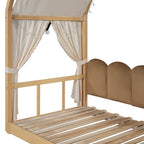 Massivholz-Spielhaus-Plattformbett, Montessori-Bettrahmen mit gewölbtem Dach und Ausziehbett für Mädchen und Jungen