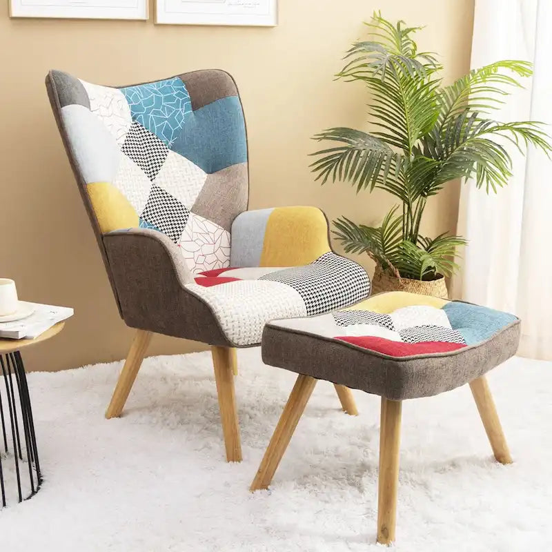Akzentsessel mit Ottoman, Wohnzimmersessel und Ottomane Set, Bequemer Seitenlehnsessel für Schlafzimmer, Kreative Spleiß-Stoffoberfläche