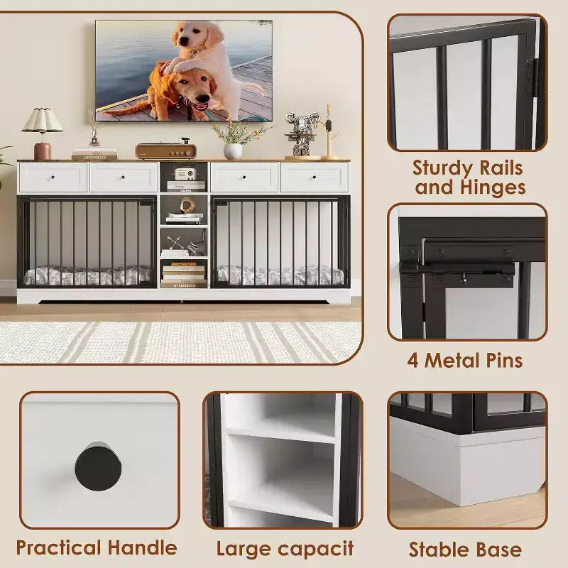 82" Doppel-Hundebox Möbel, großer Hundezwinger für 2 Hunde, robuster TV-Ständer aus Holz mit 4 Schubladen und Regalen
