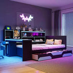 Gaming-Tagesbett (Queen-Size/Full-Size) mit Kopfteilregal, LED-Beleuchtung, integriertem Schreibtisch, Schubladen und Ladestation
