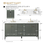 Vanity Art 72 Zoll Badezimmer-Waschtischunterschrank mit Doppelwaschbecken und Kunstmarmorplatte