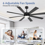 65-Zoll-LED-Deckenventilator mit 8 Flügeln, Licht und Fernbedienung, Schwarz