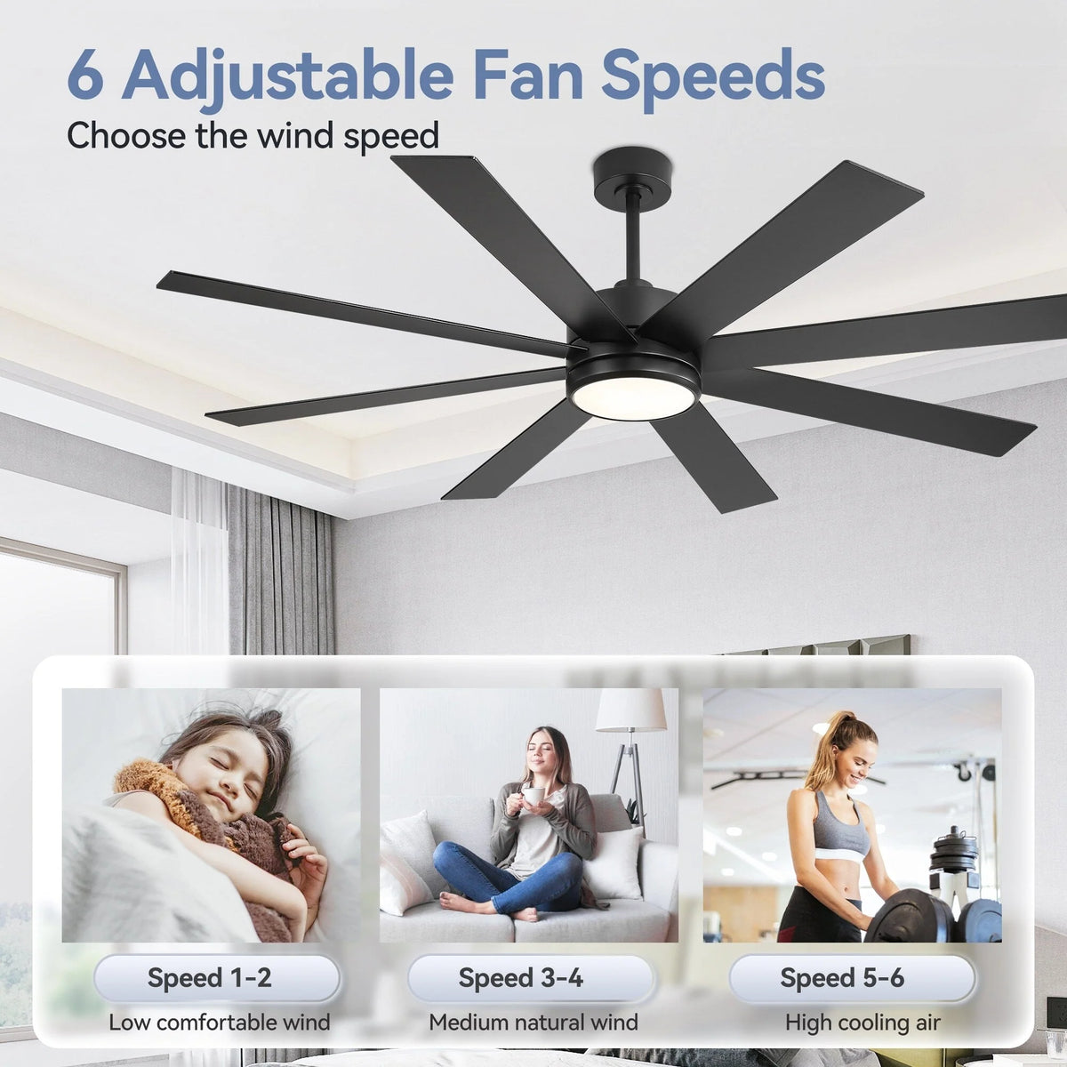 65-Zoll-LED-Deckenventilator mit 8 Flügeln, Licht und Fernbedienung, Schwarz