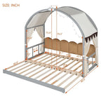 Massivholz-Spielhaus-Plattformbett, Montessori-Bettrahmen mit gewölbtem Dach und Ausziehbett für Mädchen und Jungen