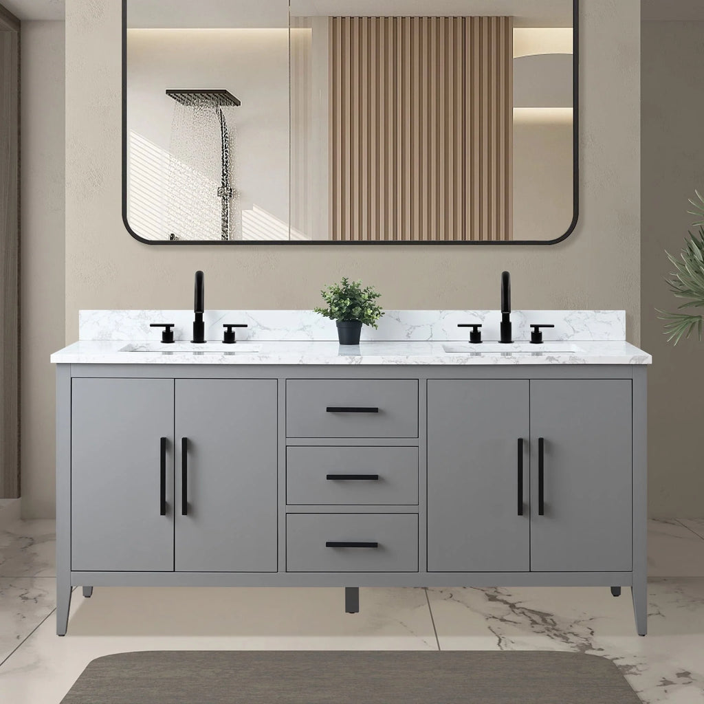 Vanity Art 72 Zoll Badezimmer-Waschtischunterschrank mit Doppelwaschbecken und Kunstmarmorplatte