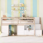 Okak Massivholz-Hochbett mit Treppe & Stauraum, Niedriges Etagenbett mit Schubladen & Regalen, Multifunktionales Hochbett für Kinder, Jugendliche