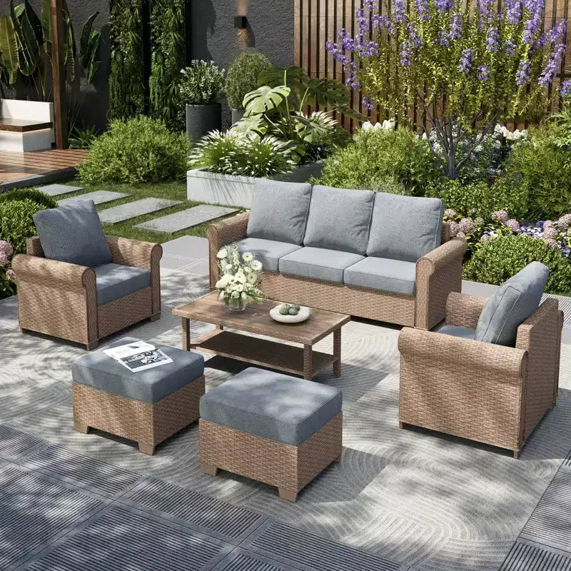 Captiva Designs 6-teiliges Luxus-Rattan-Sofa-Set für den Außenbereich mit geschwungenen Armlehnen und Kissen