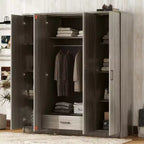 Holz-Kleiderschrank mit 4 Türen, Kleiderstange, 1 Schublade und Ablagefächern