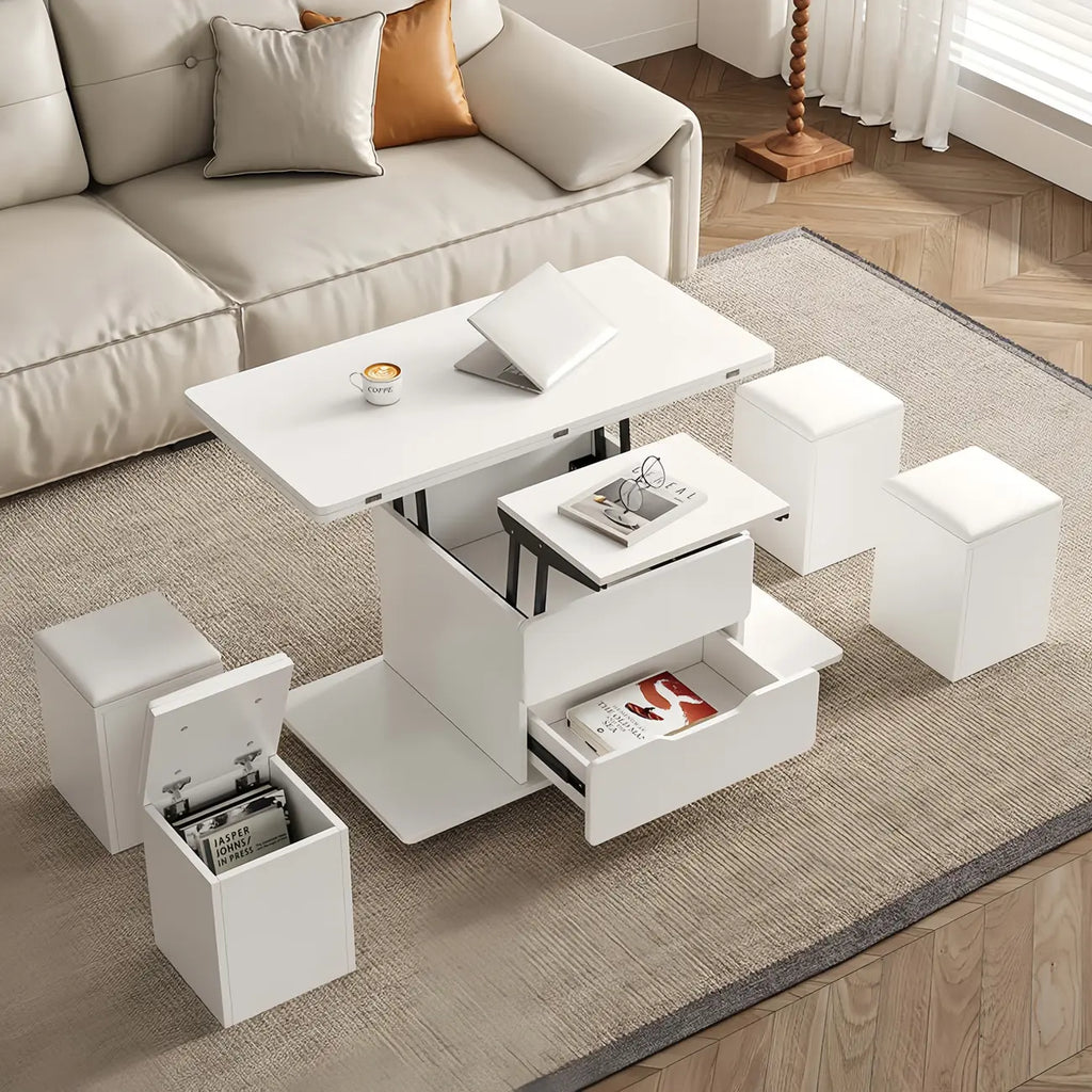 Klappbarer Couchtisch mit Liftfunktion, 4 Hockern und Stauraum