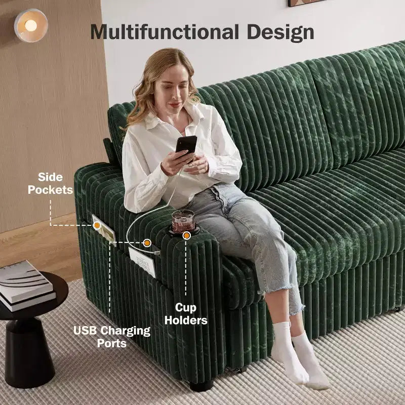 Dyonery 91 Sektional Schlafsofa mit Ausziehbett, verstellbarer Rückenlehne/zwei Ausziehbetten/USB-Anschlüssen/Getränkehaltern, Plüsch-Kordbezug