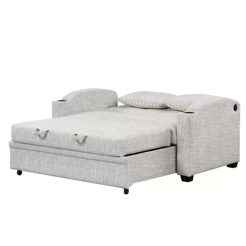61.6 Modernes Chenille-Schlafsofa mit USB-Anschlüssen, Becherhaltern und verstellbarer Rückenlehne für Wohnzimmer, Apartment