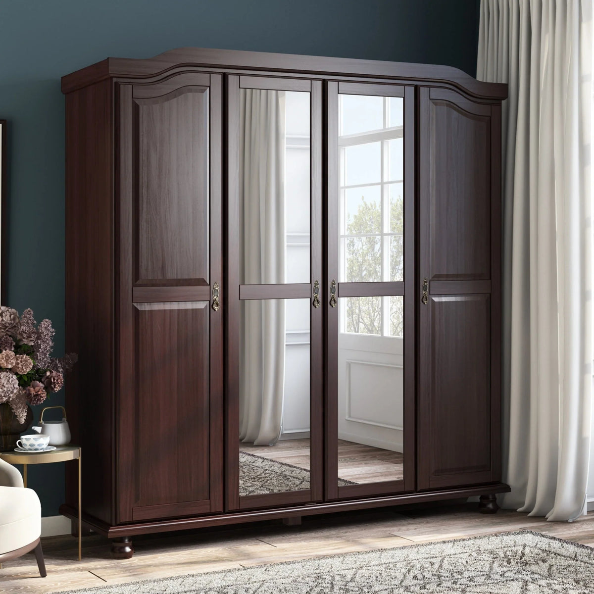 Palace Imports Kyle Kleiderschrank mit 4 Türen aus 100 % Massivholz und Massivholz- oder Spiegeltüren