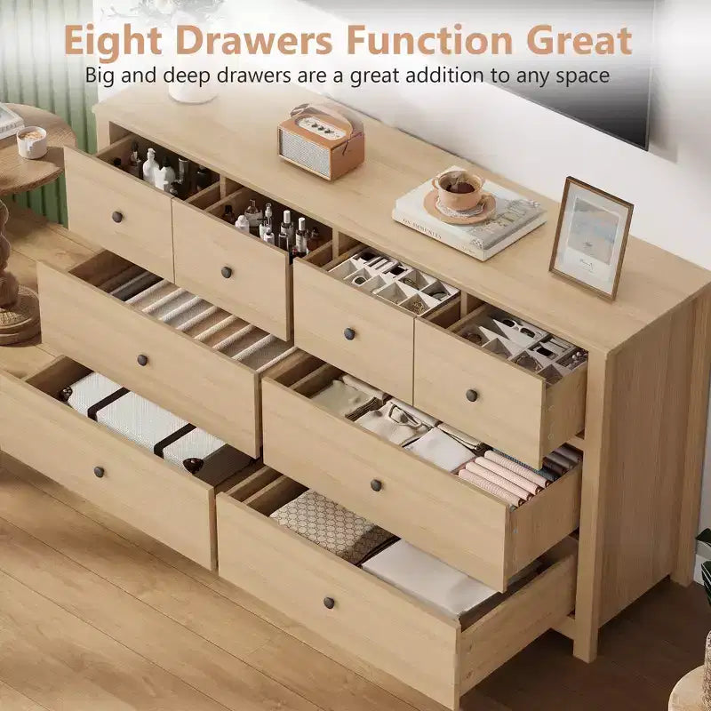 Moderne Kommode mit 8 Schubladen für das Schlafzimmer, breite Holzkommode mit viel Stauraum, freistehender Organizer-Schrank für das Wohnzimmer