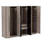 83W 6-türiger Kleiderschrank Garderobenschrank Aufbewahrungsschrank mit 2 Schubladen, Kleiderstangen und Ablageflächen, Schwarz+Natur-ModernLuxe