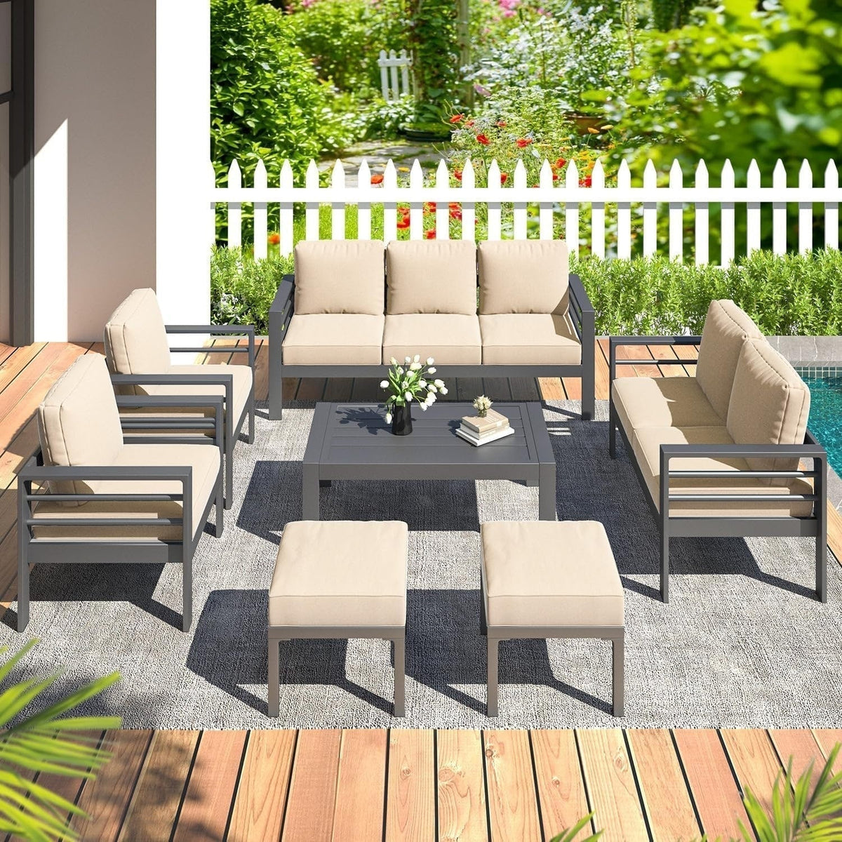 AECOJOY 7-teiliges Aluminium-Terrassenmöbel-Set Outdoor-Gesprächsgarnitur