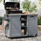 FAMYYT 78,3-Zoll-Outdoor-Kücheninsel mit Edelstahl-Arbeitsplatte, faltbarer BBQ-Station und Aufbewahrungsschränken, Graublau