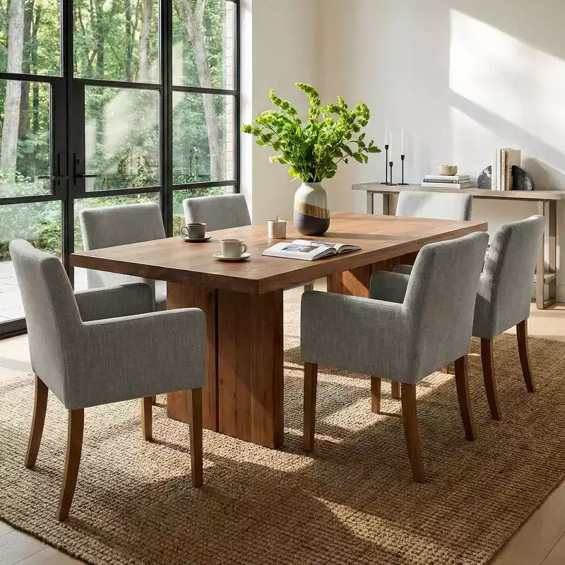 Set aus 6 gepolsterten Esszimmerstühlen mit Armlehnen, moderne Leinen-Sessel mit Holzbeinen, Akzentstühle für Esszimmer, Wohnzimmer - Panipeachy